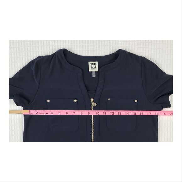 Anne Klein Womens Blouse Small 1/2 Zip Pockets V-Neck Notch Short Sleeve Blue - Picture 7 of 10